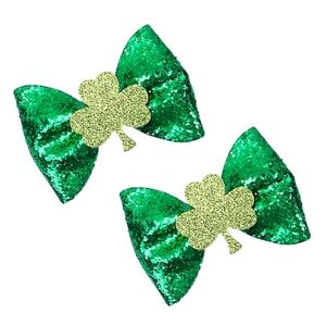 Green Glitter Bow with Shamrock Hair Clips